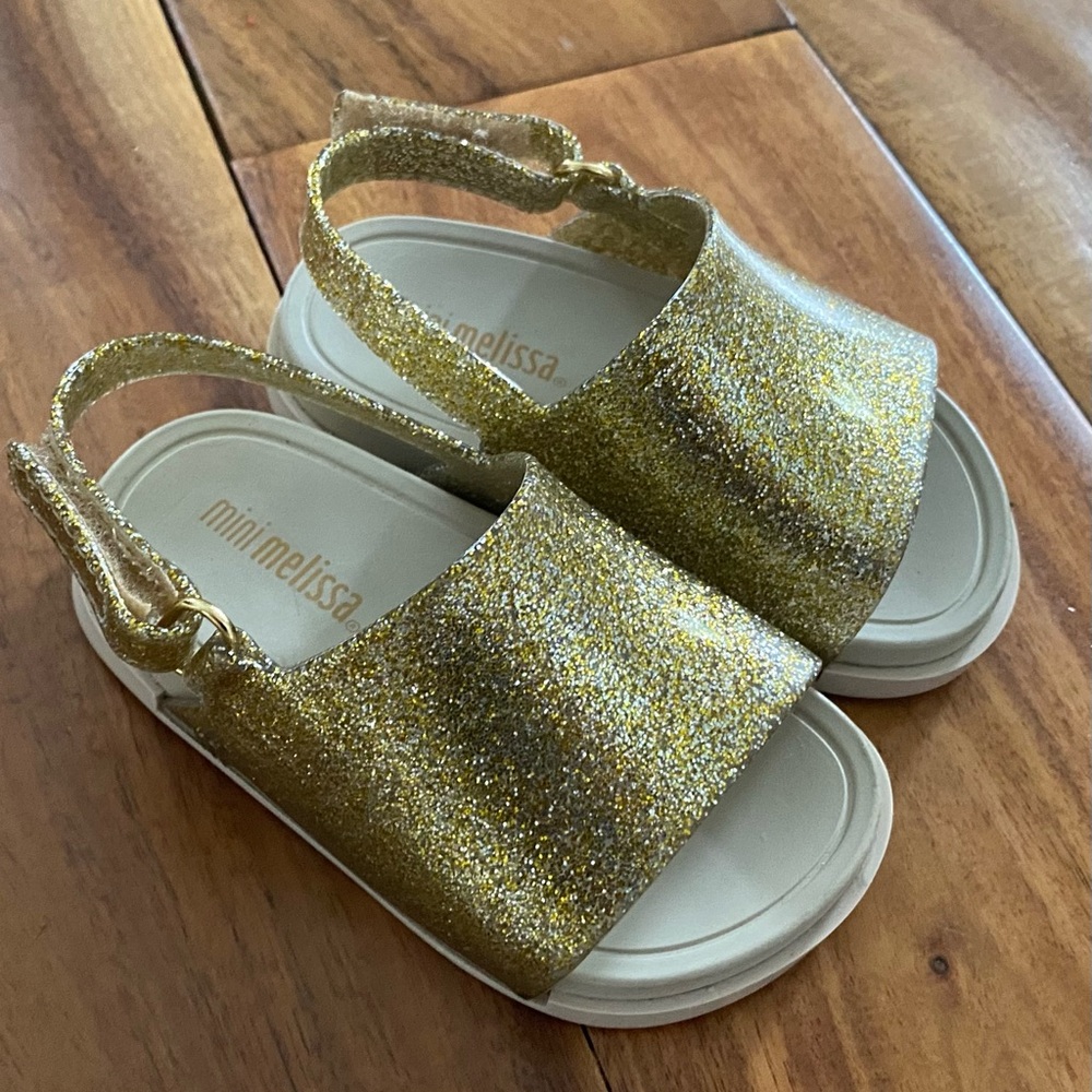 Mini Melissa Gold Sparkle Glitter Toddler Girl Slides Sandals Size 5